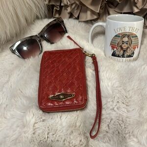 Elliott Lucca Scarlet Rust Color Woven Leather Universal Phone Case Wristlet